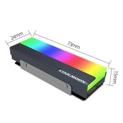 COOLMOON Cooler for M.2 2280 SSDs with ARGB Lighting showing dimensions 73x24x15mm, rainbow ARGB strip and metal mounting bracket
