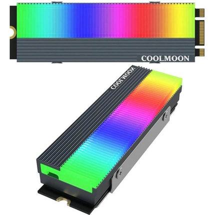 COOLMOON Cooler for M.2 2280 SSDs with ARGB Lighting shown installed on an M.2 2280 SSD with rainbow ARGB illumination