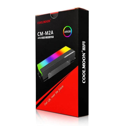COOLMOON Cooler for M.2 2280 SSDs with ARGB Lighting - boxed CM-M2A SSD cooler showing rainbow ARGB strip and heatsink