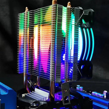 COOLMOON Silent CPU Fan for Desktop PC Cooling mounted on motherboard with RGB lighting and heatpipes, low-noise gaming and video editing cooler