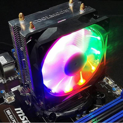 COOLMOON Silent CPU Fan for Desktop PC Cooling installed on motherboard with RGB lighting and heatpipes