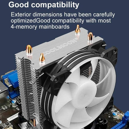 COOLMOON Silent CPU Fan for Desktop PC Cooling white-blade cooler with heatpipes mounted on motherboard, low-noise tower cooler