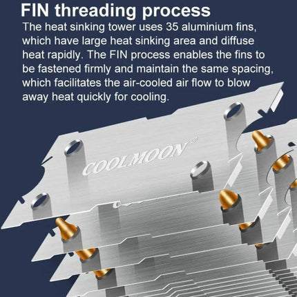 COOLMOON Silent CPU Fan for Desktop PC Cooling showing fin threading process and stacked aluminum fins with direct-contact heatpipes