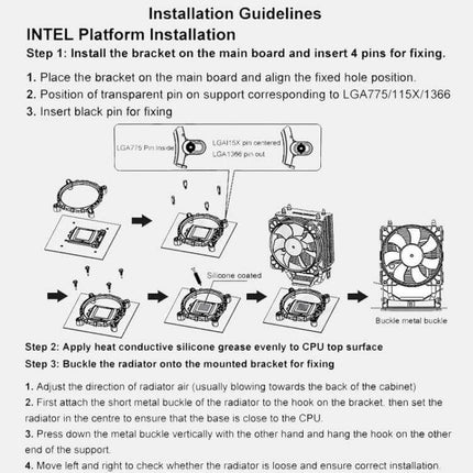 COOLMOON Silent CPU Fan for Desktop PC Cooling installation guide diagram showing Intel bracket placement, heatpipe cooler and mounting steps