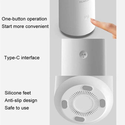 Candle Flame Aromatherapy Diffuser, Mini Humidifier showing one-button operation, Type-C port and silicone anti-slip feet