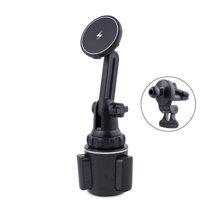 Car Water Cup Holder MagSafe Wireless Charger Bracket Black - adjustable cup-holder mount with MagSafe wireless charging pad and vent adapter