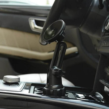 Car Water Cup Holder MagSafe Wireless Charger Bracket Black mounted in car cup holder, black ABS charging stand for MagSafe phones