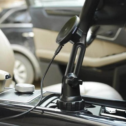 Car Water Cup Holder MagSafe Wireless Charger Bracket Black — black car cup-holder MagSafe wireless charger mounted in center console, adjustable arm, USB-C cable