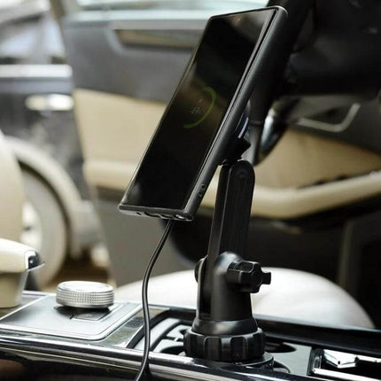 Car Water Cup Holder MagSafe Wireless Charger Bracket Black mounted in car cup holder charging smartphone on a swivel arm