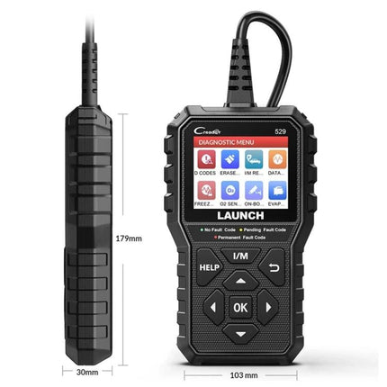 Launch Scanner for Routine Car Diagnostics and Maintenance handheld OBD2 reader showing diagnostic menu and dimensions