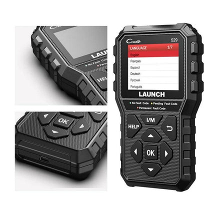 Launch Scanner for Routine Car Diagnostics and Maintenance - handheld OBD2 code reader showing language menu and control buttons