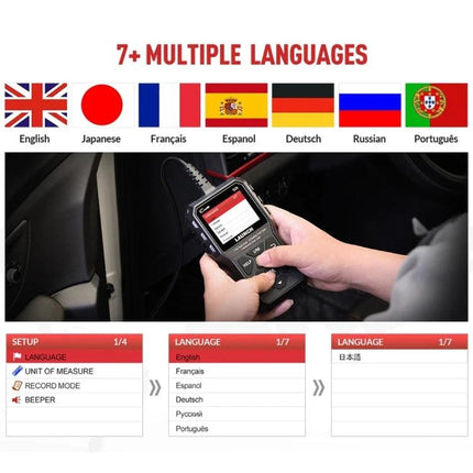 Launch Scanner for Routine Car Diagnostics and Maintenance handheld OBD2 device showing multiple language options and in-car diagnostic use