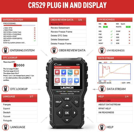 Launch Scanner for Routine Car Diagnostics and Maintenance - handheld OBD2 diagnostic tool display showing CR529 plug-in and data stream