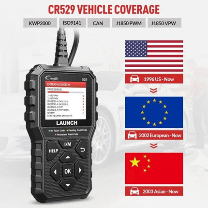 Launch Scanner for Routine Car Diagnostics and Maintenance handheld OBD2 scanner showing vehicle coverage for US, EU, and Asian markets