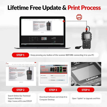 Launch Scanner for Routine Car Diagnostics and Maintenance connected to laptop showing lifetime free update and print process