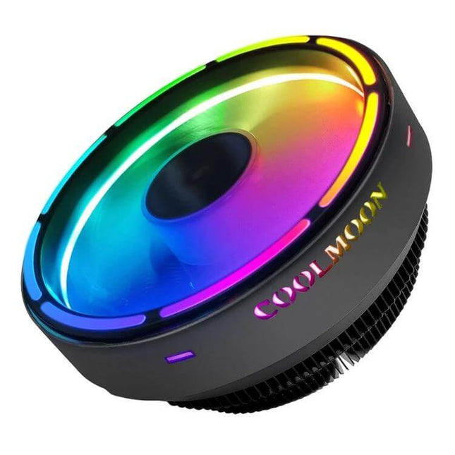 COOLMOON Color-Changing CPU Cooler for Quiet Desktop Computing showing RGB top lighting and low-noise compact heatsink for home office PCs