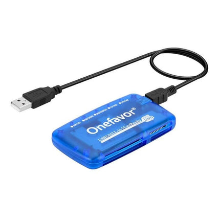 Onefavor Multi-Card Reader with USB and Adaptors for Computers - blue USB multi-card reader showing multiple card slots and cable