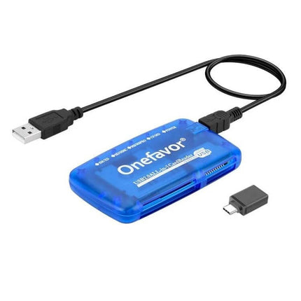 Onefavor Multi-Card Reader with USB and Adaptors for Computers blue USB card reader with cable and micro-USB adaptor