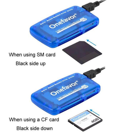 Onefavor Multi-Card Reader with USB and Adaptors for Computers showing SM and CF card insertion directions, blue USB card reader