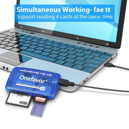 Onefavor Multi-Card Reader with USB and Adaptors for Computers connected to laptop showing simultaneous reading of multiple cards