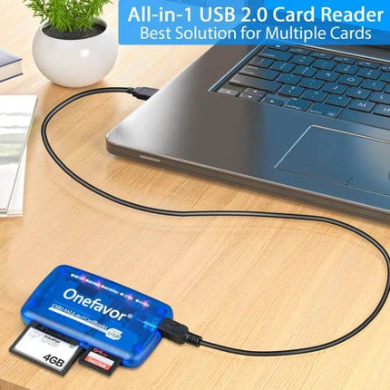 Onefavor Multi-Card Reader with USB and Adaptors for Computers connected to laptop transferring files from multiple memory cards