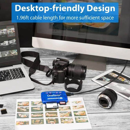 Onefavor Multi-Card Reader with USB and Adaptors for Computers on desk next to camera, laptop, SD cards and desktop-friendly setup