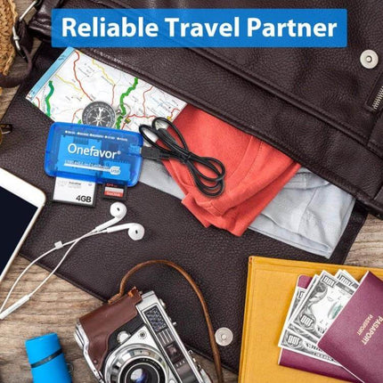 Onefavor Multi-Card Reader with USB and Adaptors for Computers packed in travel bag with SD cards, cable, camera and passport
