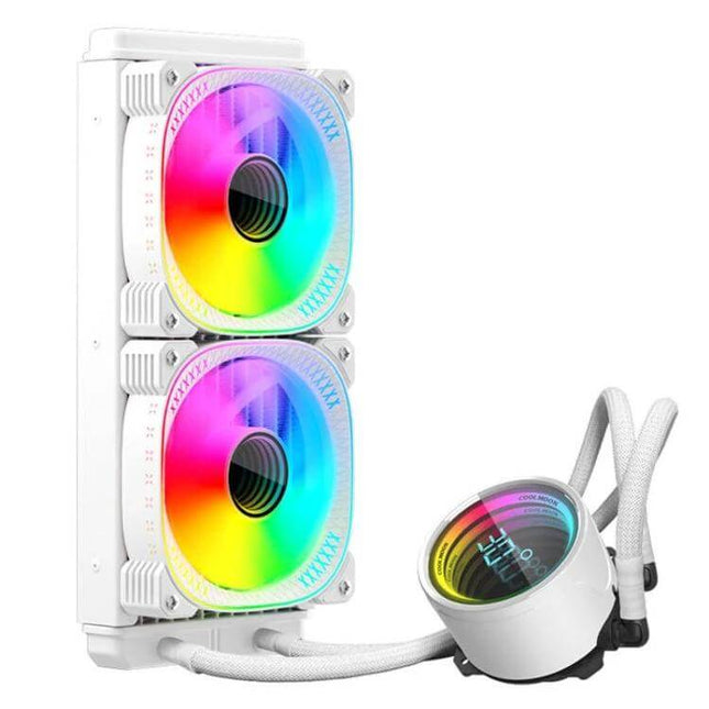 COOLMOON Integrated Water Cooling CPU Cooler with Temperature Display — white dual-fan RGB AIO showing pump temperature readout