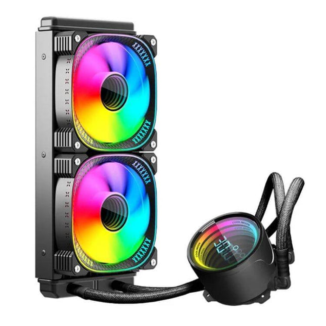 COOLMOON Integrated Water Cooling CPU Cooler with Temperature Display showing dual RGB fans and pump with digital temp readout