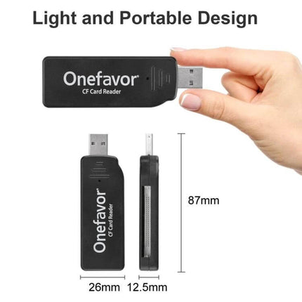 Onefavor Portable CF Card Reader for Easy Data Transfer - compact black USB CF card reader, 87mm x 26mm x 12.5mm handheld design