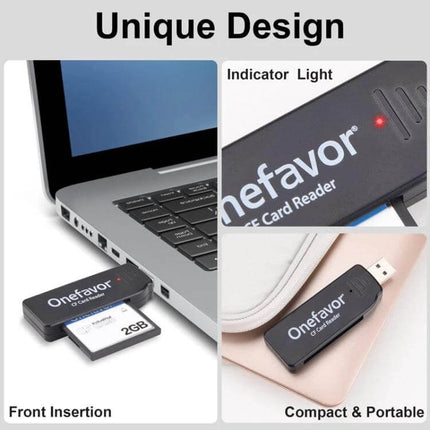 Onefavor Portable CF Card Reader for Easy Data Transfer compact USB 2.0 CF card reader showing front insertion, indicator light, and laptop connection