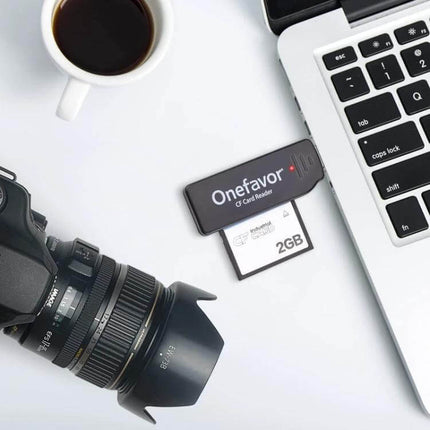 Onefavor Portable CF Card Reader for Easy Data Transfer connected to laptop with CF card and camera on desk
