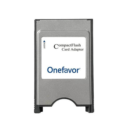 Onefavor Industrial Grade CF to PCMCIA Card Adapter for Laptops shown front view, silver CompactFlash to PCMCIA adapter for field laptops and industrial use