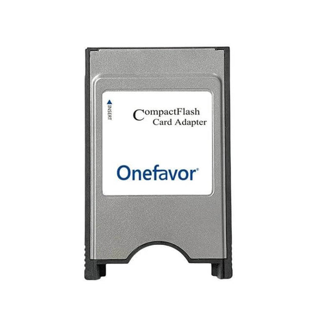 Onefavor Industrial Grade CF to PCMCIA Card Adapter for Laptops shown front view, silver CompactFlash to PCMCIA adapter for field laptops and industrial use