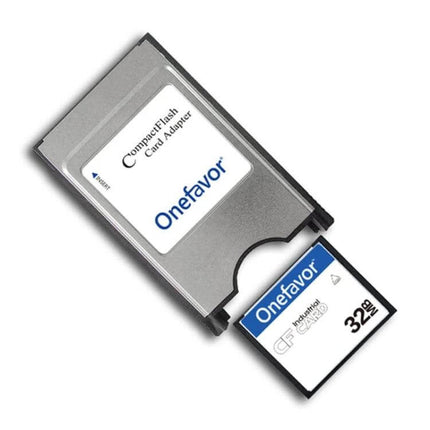 Onefavor Industrial Grade CF to PCMCIA Card Adapter for Laptops showing adapter with Onefavor CF card inserted, 32GB