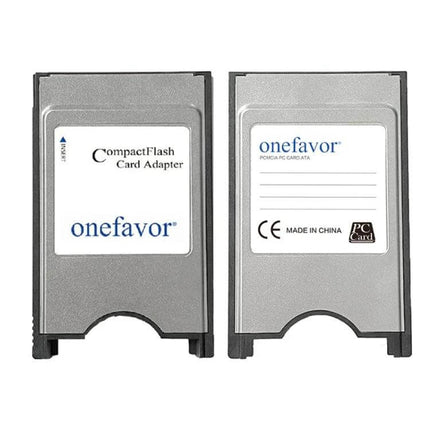 Onefavor Industrial Grade CF to PCMCIA Card Adapter for Laptops showing front and back CompactFlash to PCMCIA metal adapter