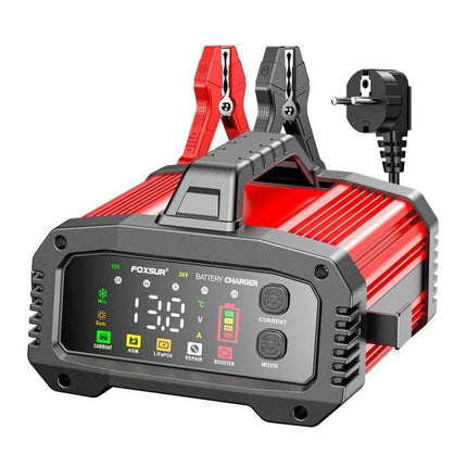 Foxsur Portable Vehicle Charger For Cars, Boats And Motorcycles - red aluminum 12/24V battery charger with display and clamps