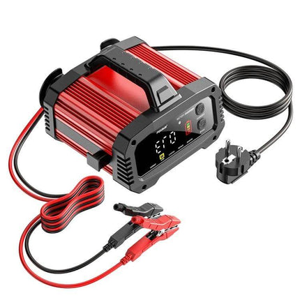 Foxsur Portable Vehicle Charger For Cars, Boats And Motorcycles - red aluminum 12/24V charger with digital display, clamps and power cord for on-the-go charging