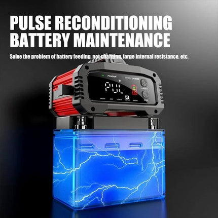 Foxsur Portable Vehicle Charger For Cars, Boats And Motorcycles on battery showing pulse reconditioning display and aluminum alloy housing
