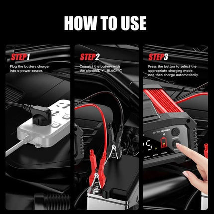 Foxsur Portable Vehicle Charger For Cars, Boats And Motorcycles showing step-by-step use with plugs, red and black clamps, and control button display