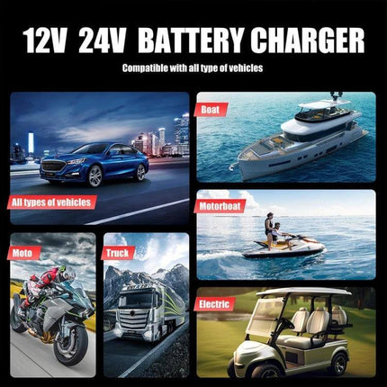 Foxsur Portable Vehicle Charger For Cars, Boats And Motorcycles showing 12V/24V use on car, boat, motorbike, truck and electric golf cart with display