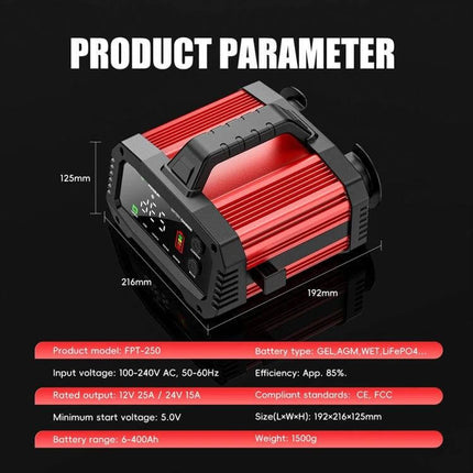 Foxsur Portable Vehicle Charger For Cars, Boats And Motorcycles - red aluminum 12/24V portable battery charger with display and handle
