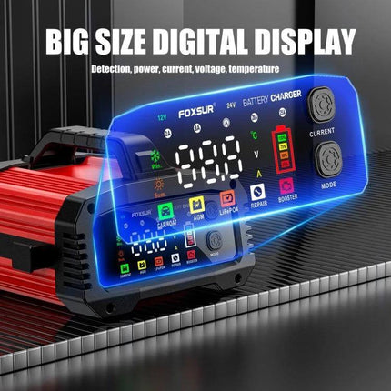 Foxsur Portable Vehicle Charger For Cars, Boats And Motorcycles showing big digital display on aluminum alloy portable charger
