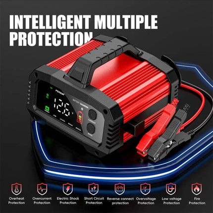Foxsur Portable Vehicle Charger For Cars, Boats And Motorcycles showing red aluminum charger with display and clamps for on-the-go charging