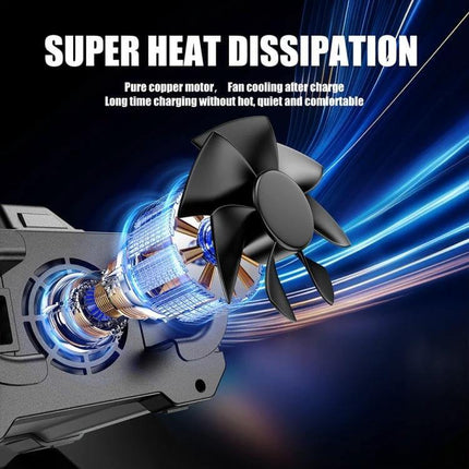 Foxsur Portable Vehicle Charger For Cars, Boats And Motorcycles showing cooling fan and super heat dissipation graphic
