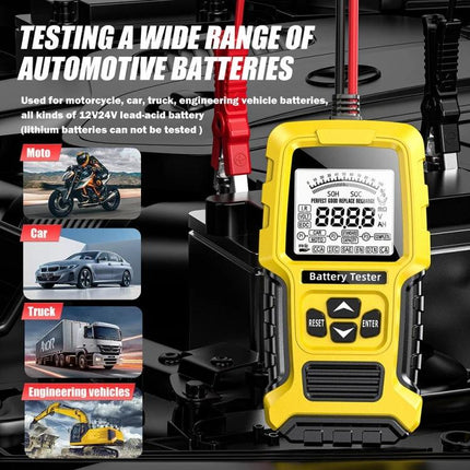 Foxsur Tool For Checking Car Batteries In Daily Maintenance yellow battery tester connected to a car battery for routine checks