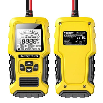 Foxsur Tool For Checking Car Batteries In Daily Maintenance - yellow handheld car battery tester with LCD and clamps