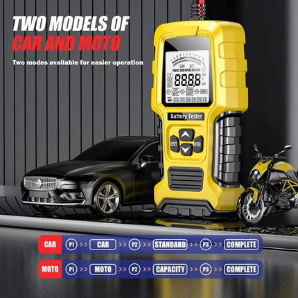 Foxsur Tool For Checking Car Batteries In Daily Maintenance - yellow handheld battery tester with car and motorcycle icons