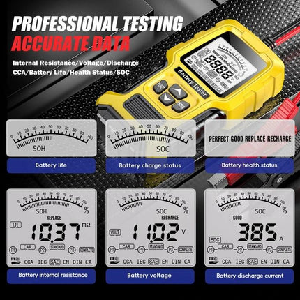 Foxsur Tool For Checking Car Batteries In Daily Maintenance - yellow handheld battery tester showing readings for SOH SOC voltage and CCA