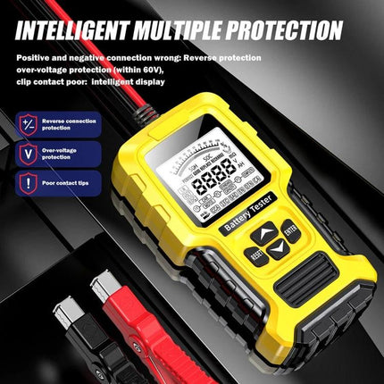 Foxsur Tool For Checking Car Batteries In Daily Maintenance digital yellow battery tester with LCD, clamps and protection features